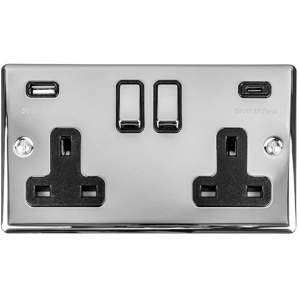 Loops 2 Gang Double Uk Plug Socket & Dual 3.1A Usb-C & A Polished Chrome 13A Switched