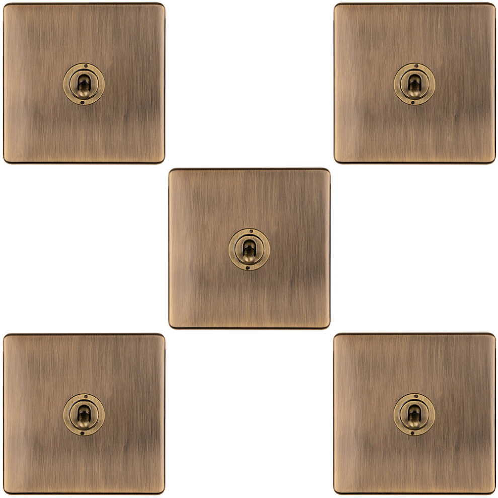 5 PACK 1 Gang Single Retro Toggle Light Switch SCREWLESS ANTIQUE BRASS 10A 2 Way