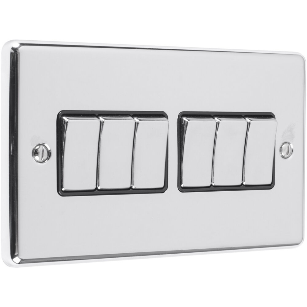 6 Gang Multi Light Switch POLISHED CHROME 2 Way 10A BLACK Trim & Metal Rocker