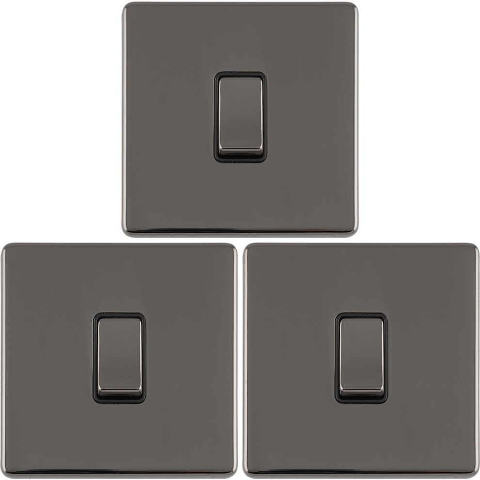 3 Pack 1 Gang Single Light Switch Screwless Black Nickel 2 Way 10A Slim Rocker 5056581976840