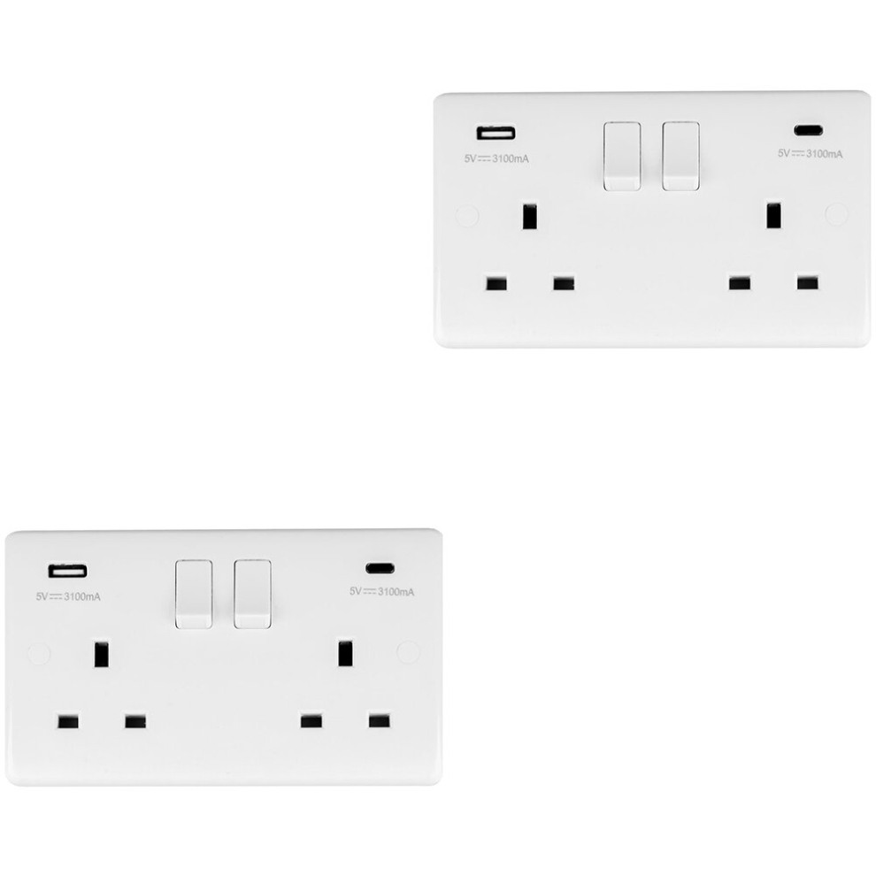 2 PACK 2 Gang UK Plug Socket & Dual 3.1A USB-C & A WHITE PLASTIC 13A Switched