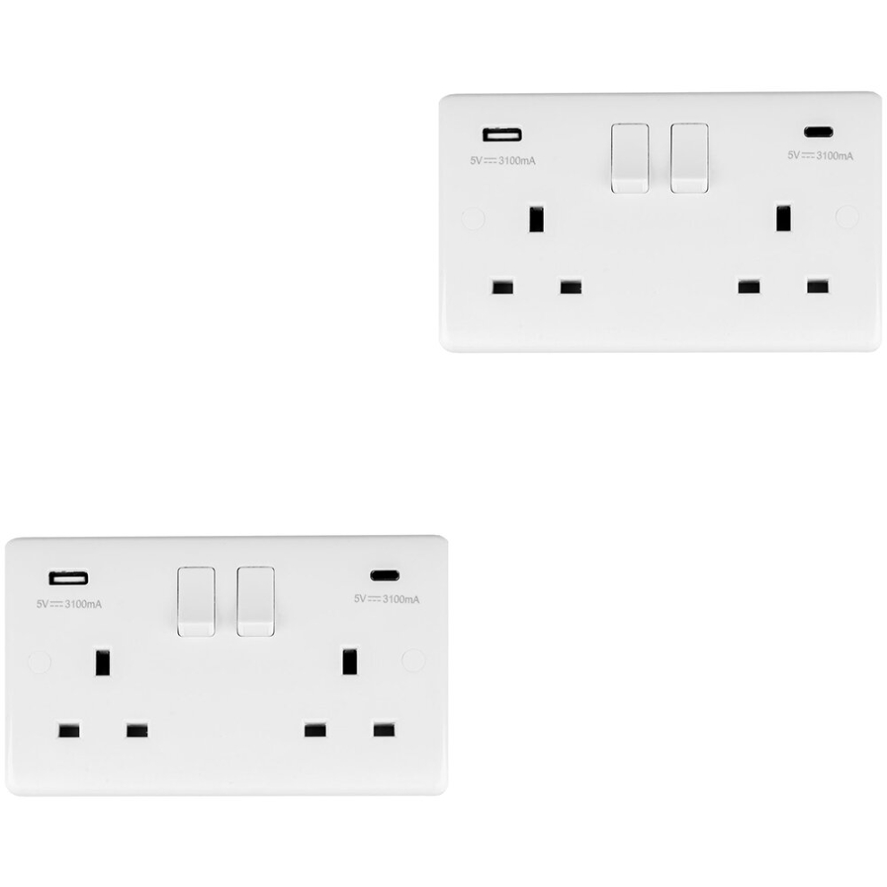 Loops 2 Pack 2 Gang Uk Plug Socket & Dual 3.1A Usb-C & A White Plastic 13A Switched