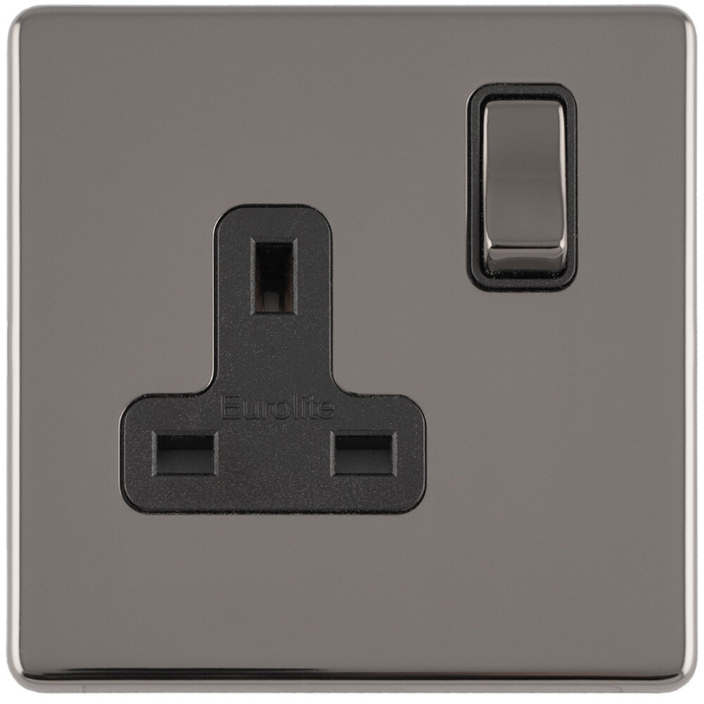 Loops 1 Gang Dp 13A Switched Uk Plug Socket Screwless Black Nickel Wall Power Outlet