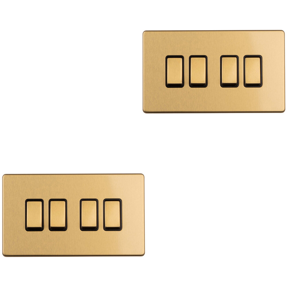 2 PACK 4 Gang Quad Light Switch SCREWLESS SATIN BRASS 2 Way 10A Slim Rocker