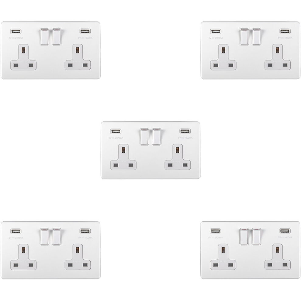 5 PACK 2 Gang Double 13A UK Plug Socket & 2.1A USB-A SCREWLESS MATT WHITE