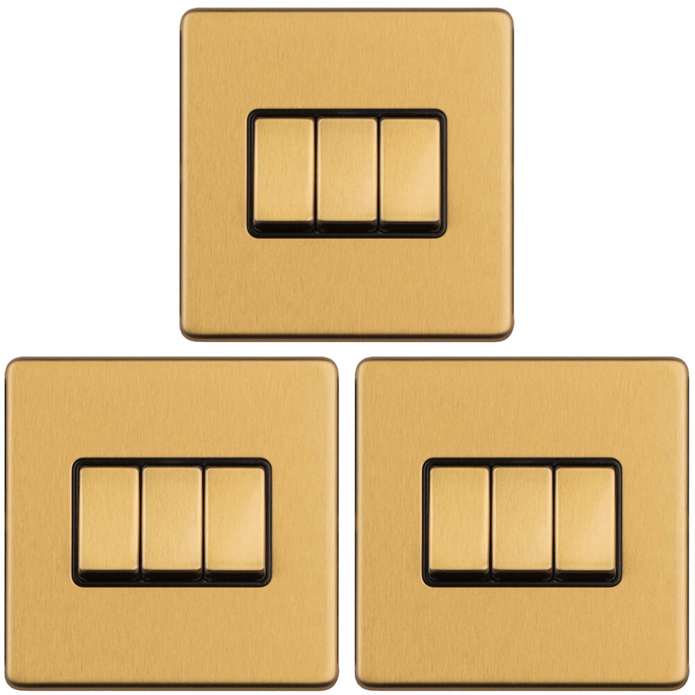 3 PACK 3 Gang Triple Light Switch SCREWLESS SATIN BRASS 2 Way 10A Slim Rocker