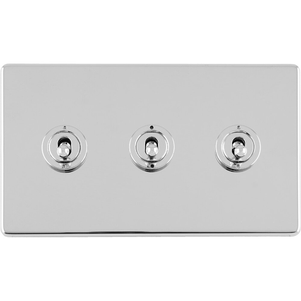 3 Gang Triple Retro Toggle Light Switch SCREWLESS POLISHED CHROME 10A 2Way Lever