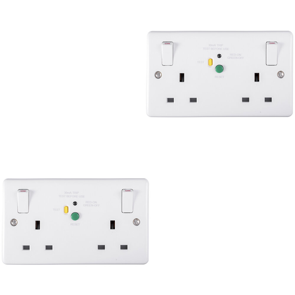 2 PACK 2 Gang Double 13A Swithed UK Plug Socket - 30mA Passive RCD WHITE Outlet