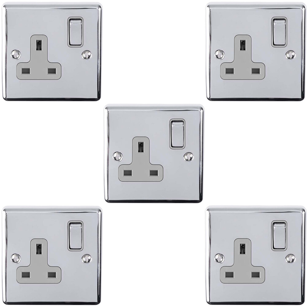 5 PACK 1 Gang Single UK Plug Socket POLISHED CHROME 13A Switched GREY Trim