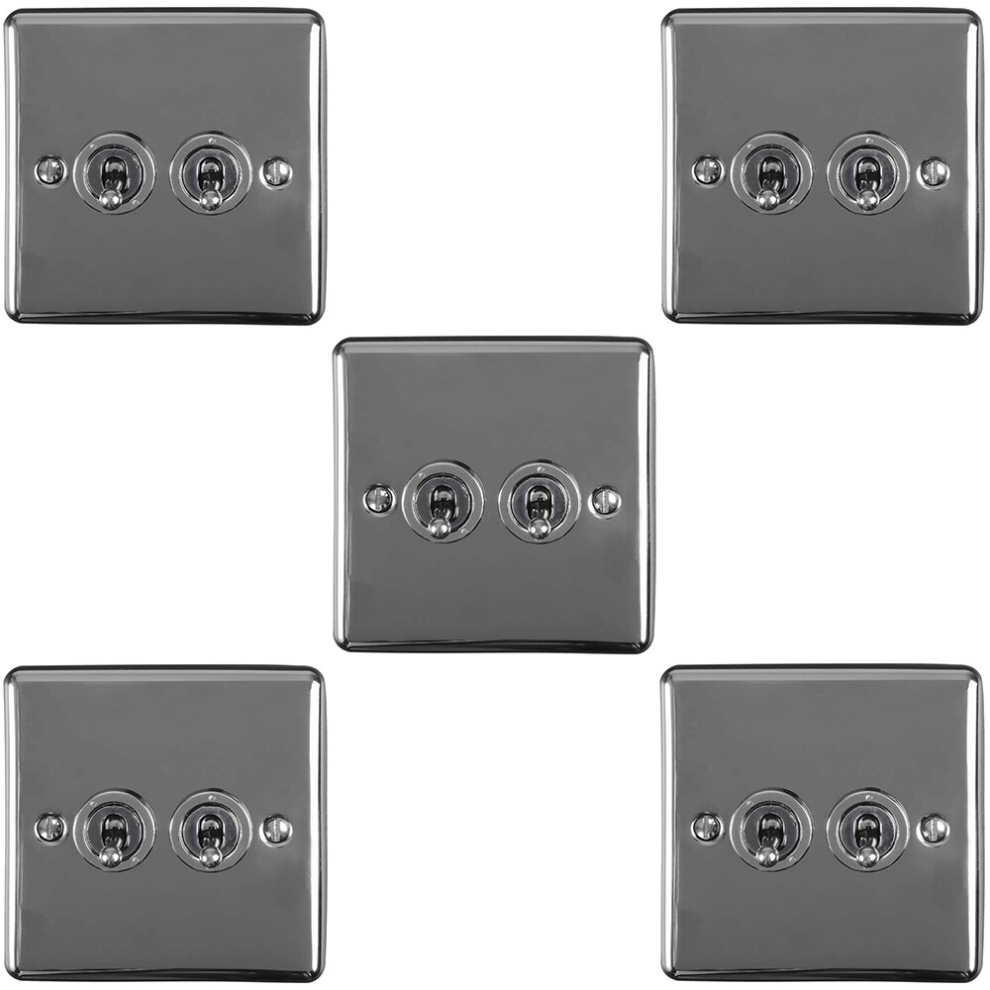 5 PACK 2 Gang Double Retro Toggle Light Switch BLACK NICKEL 10A 2 Way Plate