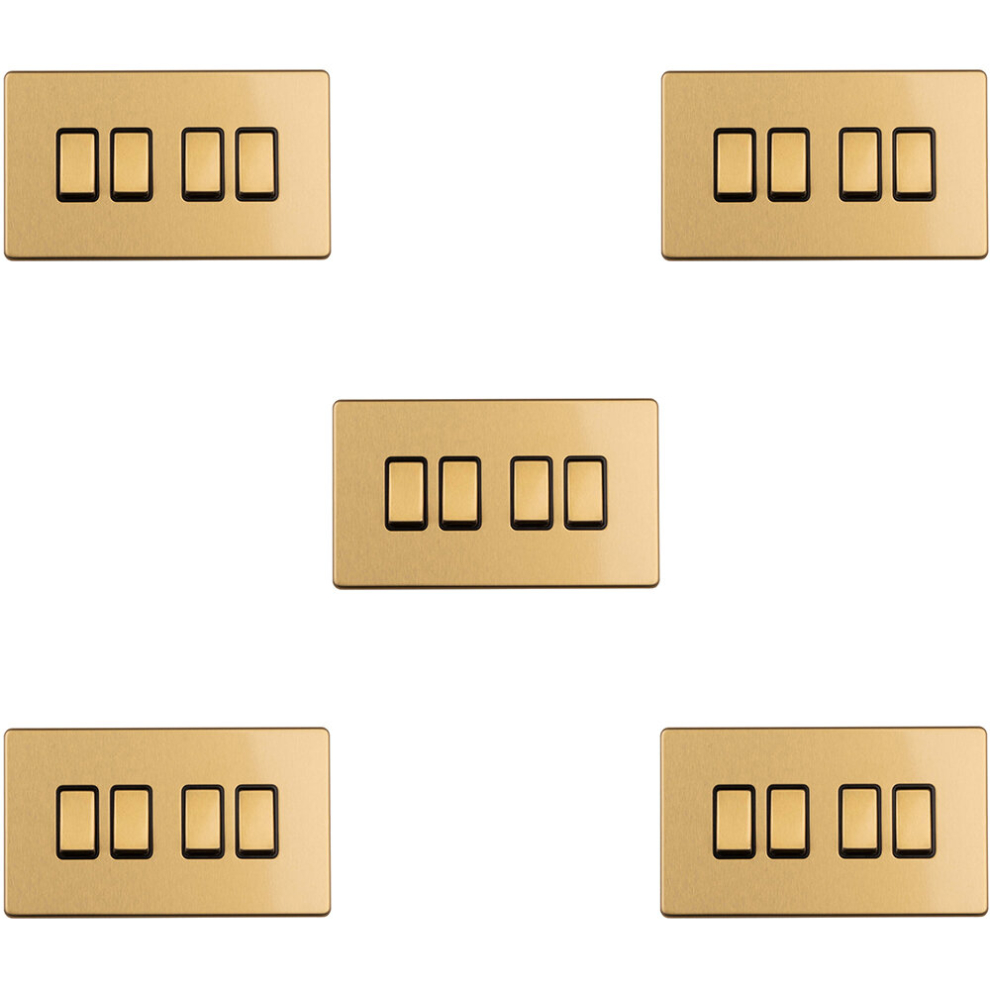 5 PACK 4 Gang Quad Light Switch SCREWLESS SATIN BRASS 2 Way 10A Slim Rocker