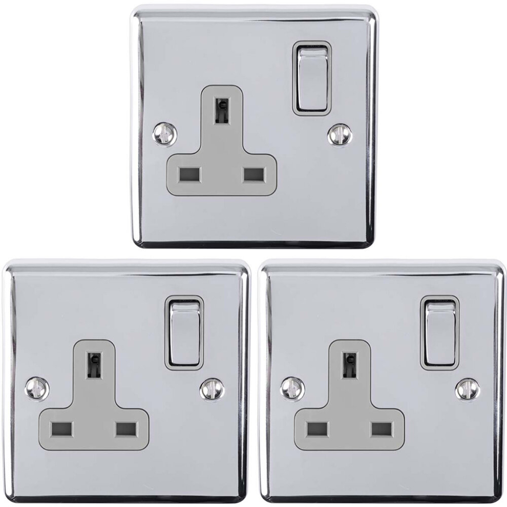 3 PACK 1 Gang Single UK Plug Socket POLISHED CHROME 13A Switched GREY Trim