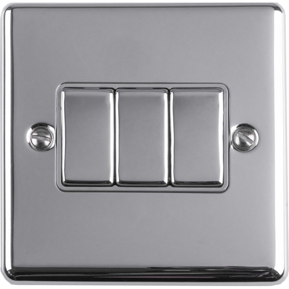 3 Gang Triple Light Switch POLISHED CHROME 2 Way 10A GREY Trim & Metal Rocker