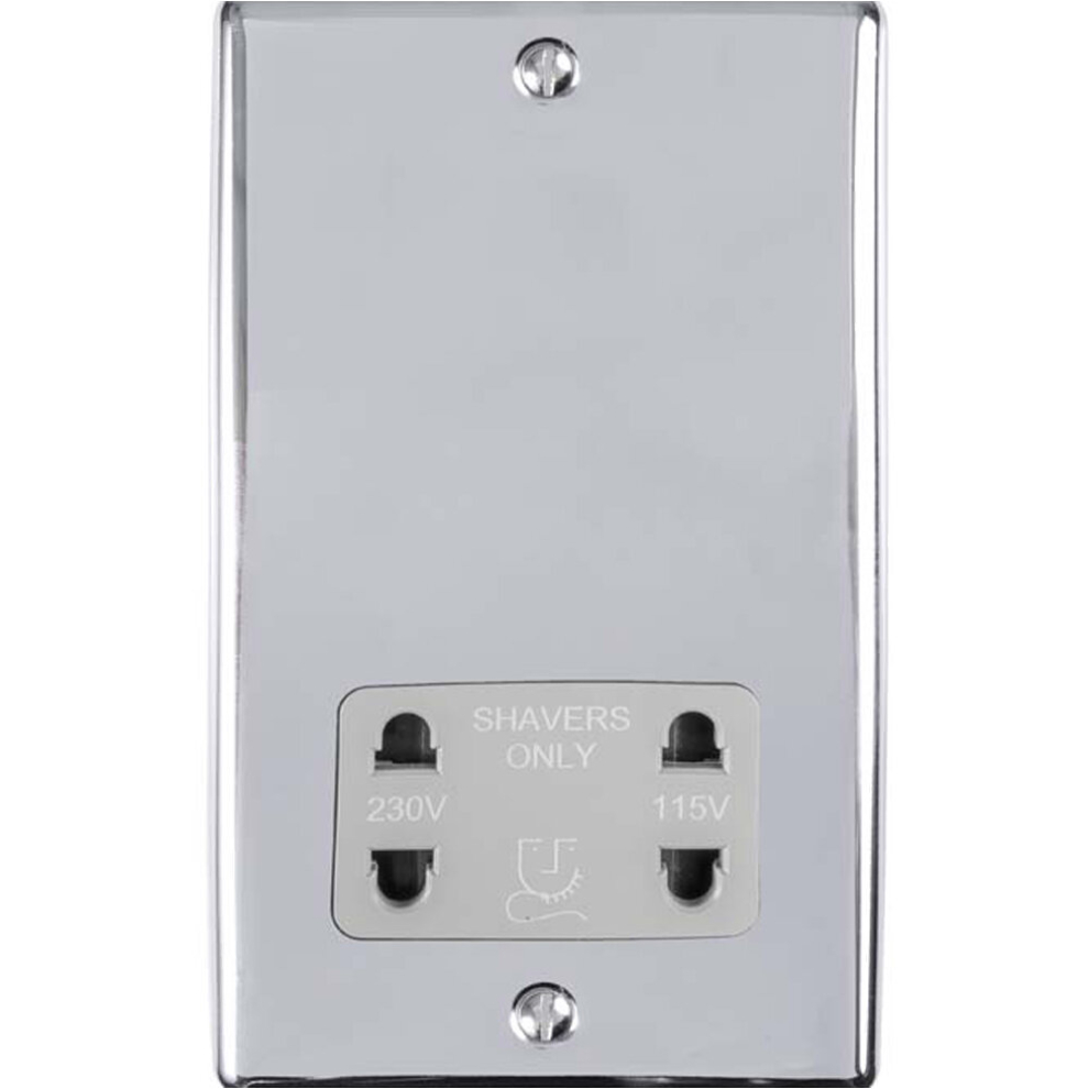 230V & 115V Shaver Twin Socket Wall Plate Chrome & Grey Trim 86Mm X 146Mm 5056581967565