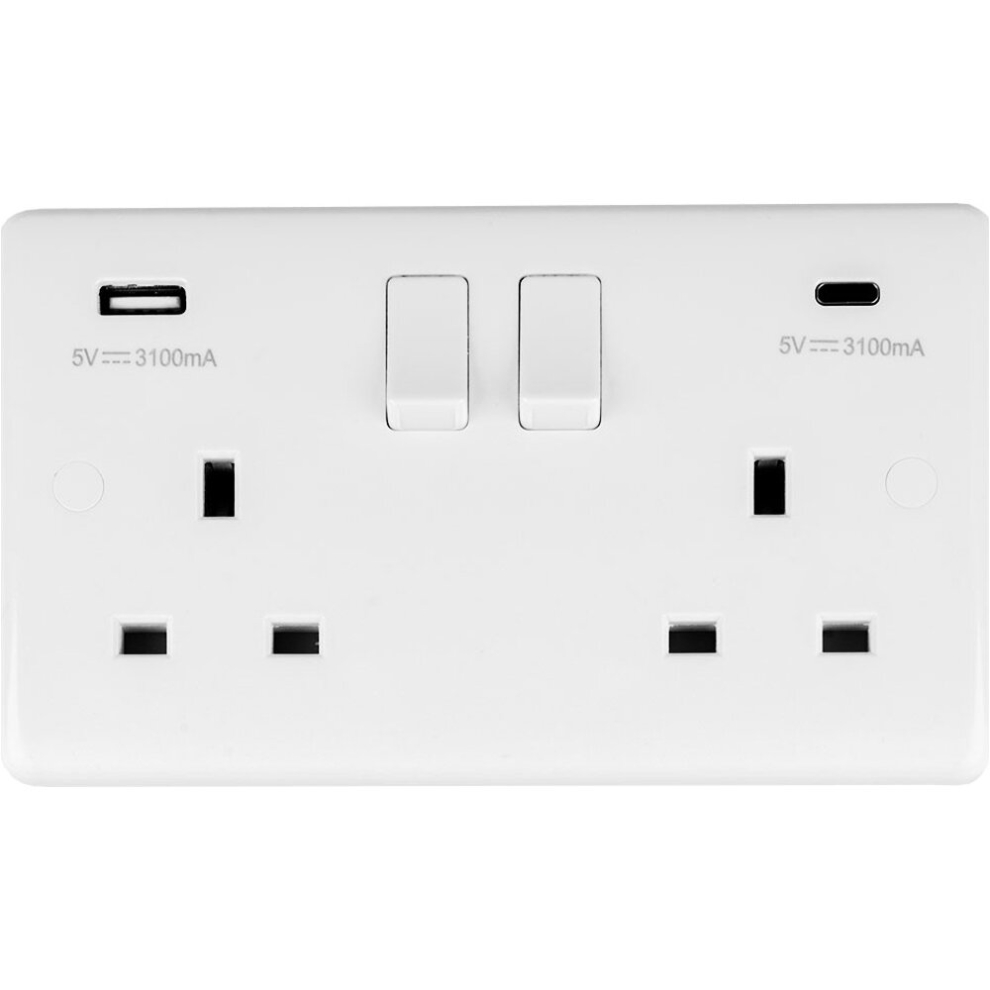 2 Gang Double UK Plug Socket & Dual 3.1A USB-C & A WHITE PLASTIC 13A Switched