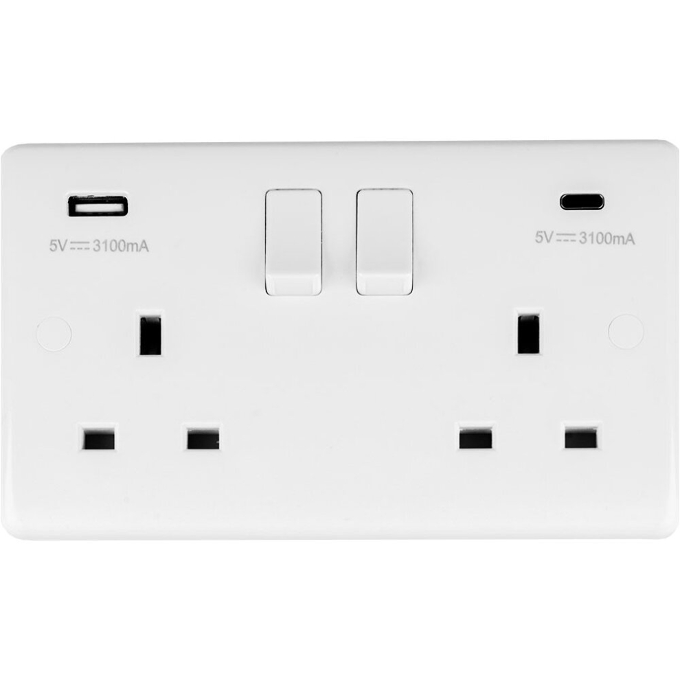 Loops 2 Gang Double Uk Plug Socket & Dual 3.1A Usb-C & A White Plastic 13A Switched
