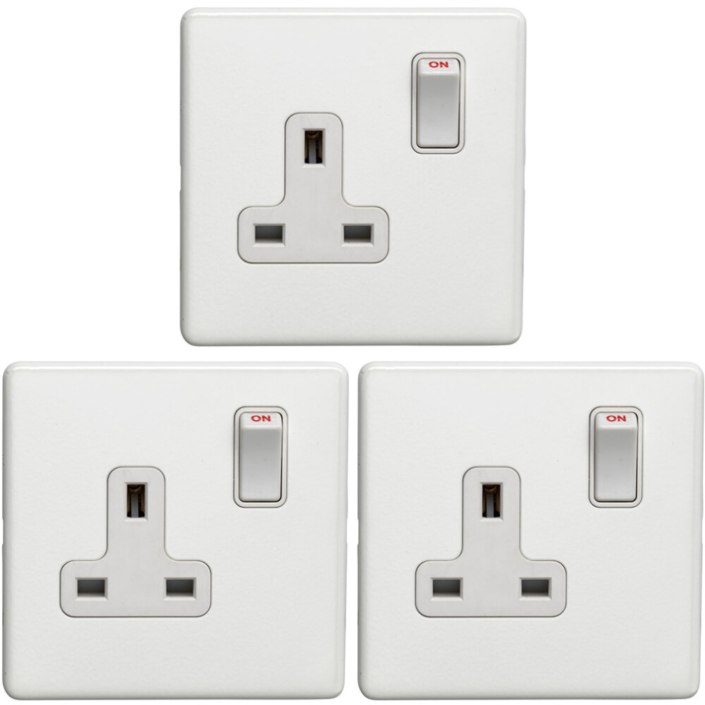 3 PACK 1 Gang DP 13A Switched UK Plug Socket SCREWLESS MATT WHITE Wall Power