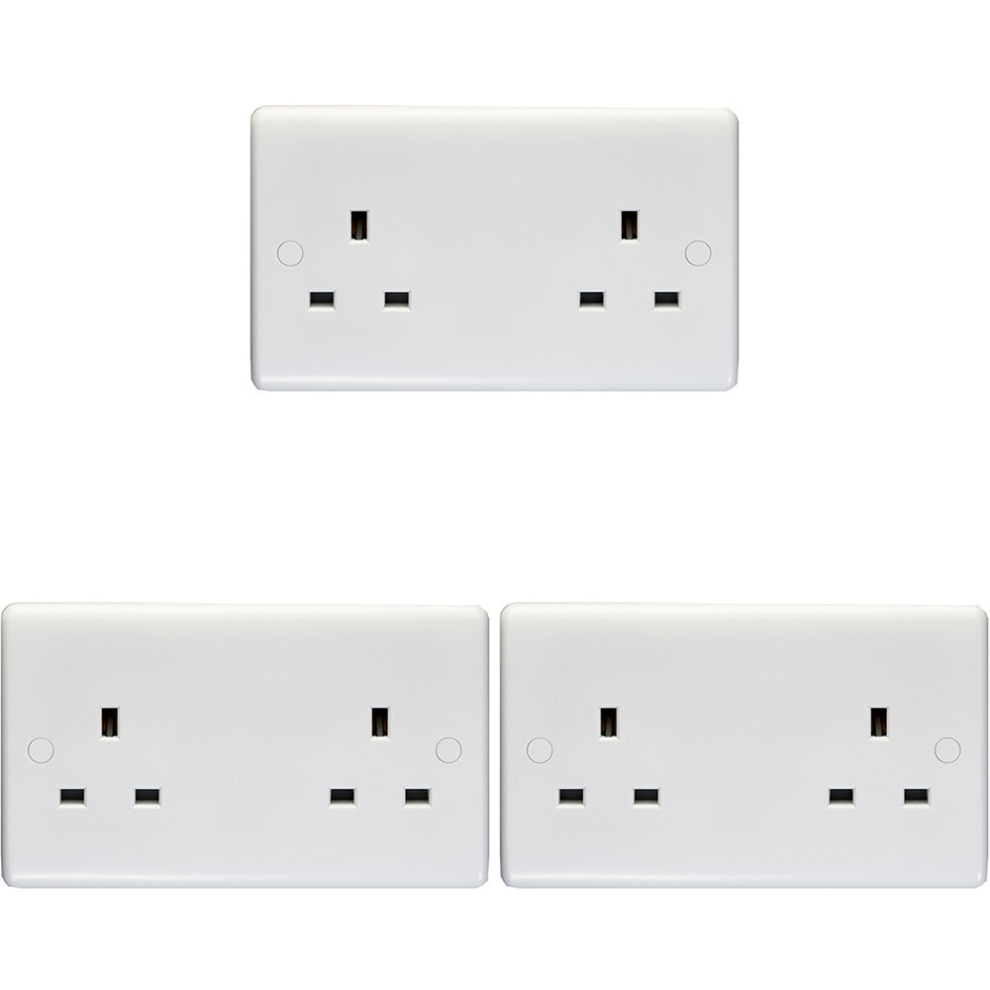 3 PACK 2 Gang Double 13A Unswitched UK Plug Socket - WHITE Wall Power Outlet