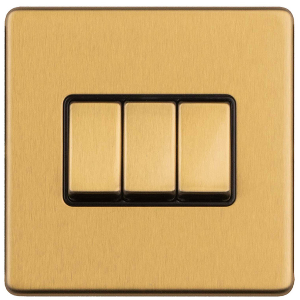 3 Gang Triple Light Switch SCREWLESS SATIN BRASS 2 Way 10A Metal Rocker Slim