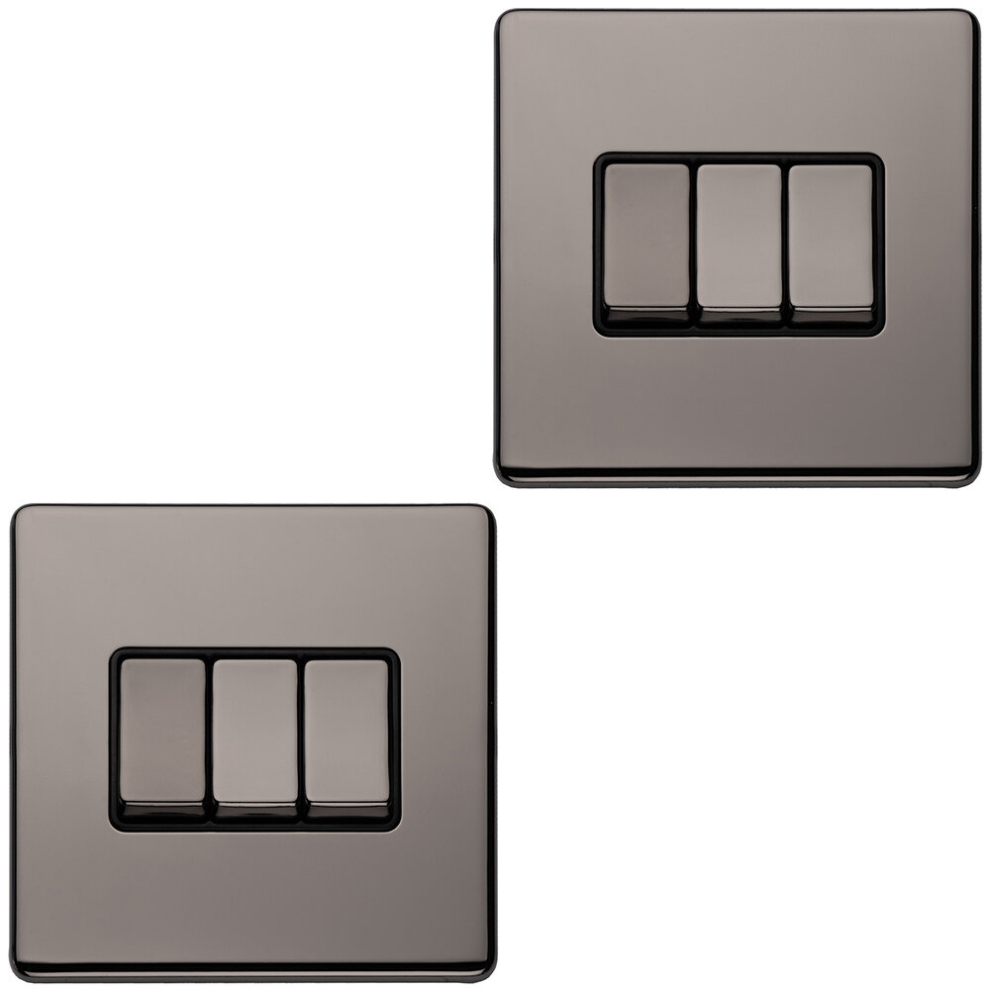 2 PACK 3 Gang Triple Light Switch SCREWLESS BLACK NICKEL 2 Way 10A Slim Rocker