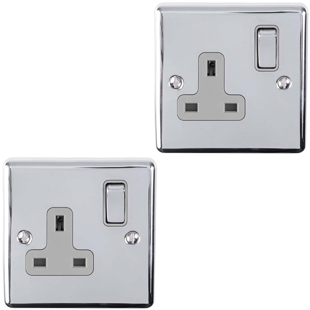 2 PACK 1 Gang Single UK Plug Socket POLISHED CHROME 13A Switched GREY Trim