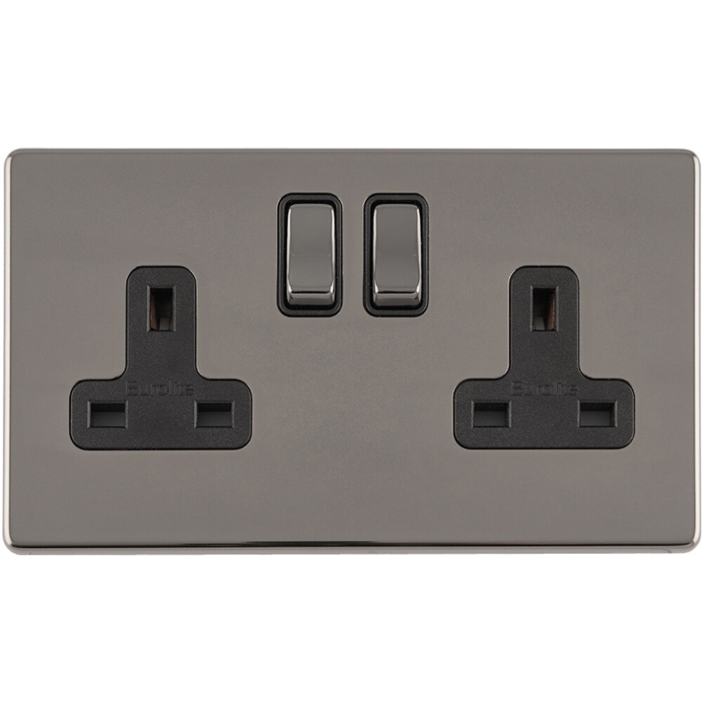 Loops 2 Gang Double Dp 13A Switched Uk Plug Socket Screwless Black Nickel Wall Power