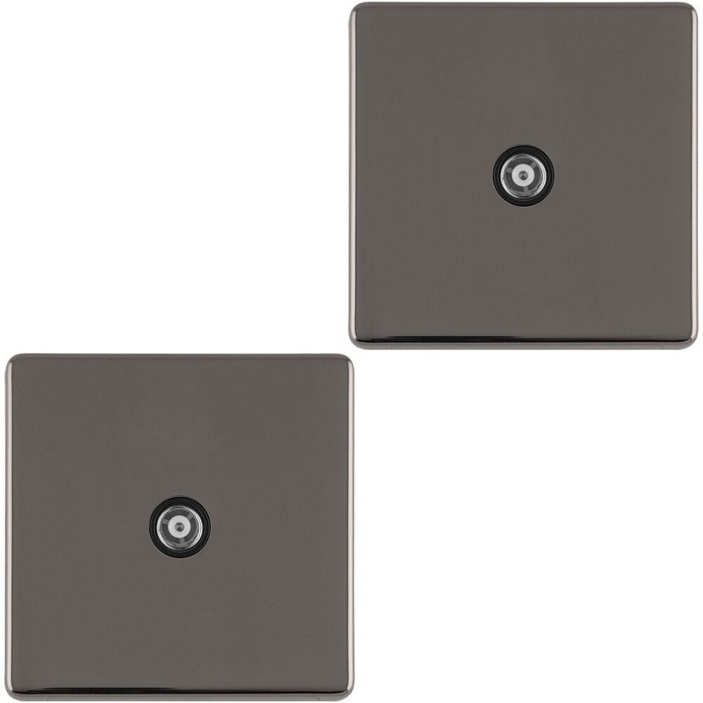 2 Pack 1 Gang Single Tv Coaxial Aerial Socket Screwless Black Nickel Wall Plate 5056581976871