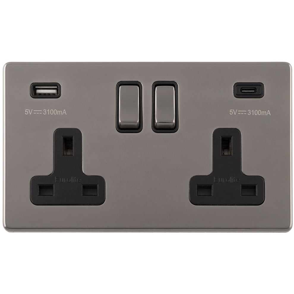 2 Gang Double 13A UK Plug Socket & 2x 3.1A USB-C & USB-A SCREWLESS BLACK NICKEL