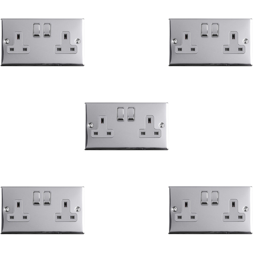 5 PACK 2 Gang Double UK Plug Socket POLISHED CHROME 13A Switched GREY Trim