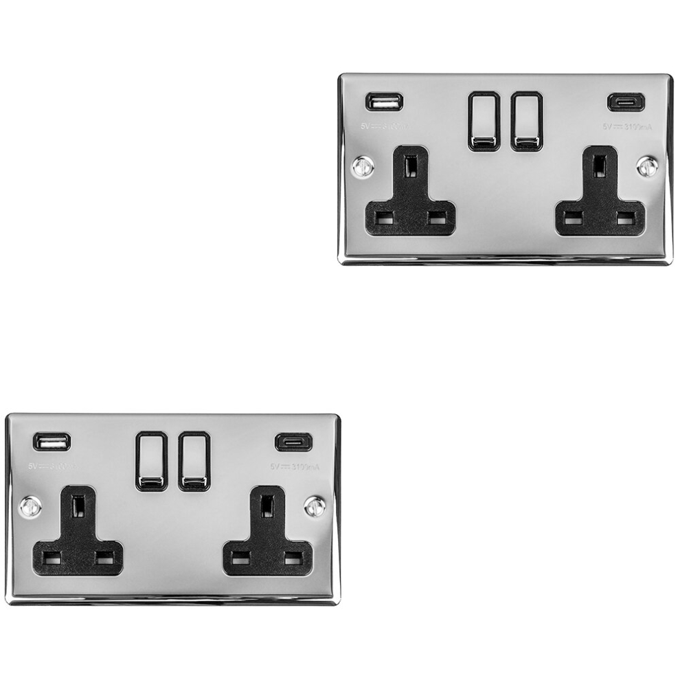 2 PACK 2 Gang Double UK Plug Socket & Dual 3.1A USB-C & A CHROME 13A Switched