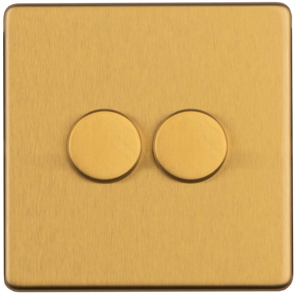 2 Gang Rotary Dimmer Switch 2 Way LED SCREWLESS SATIN BRASS Light Dimming Wall