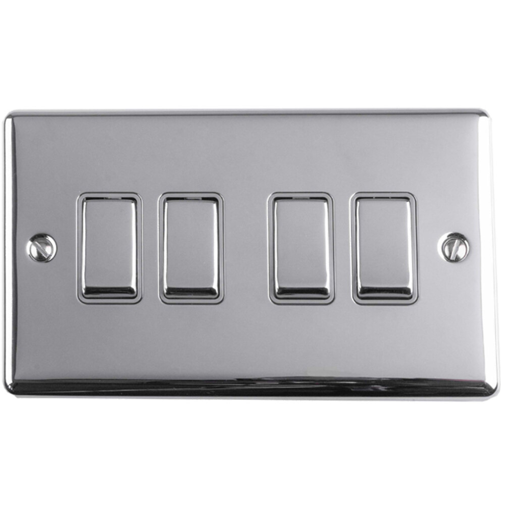 4 Gang Quad Light Switch POLISHED CHROME 2 Way 10A GREY Trim & Metal Rocker