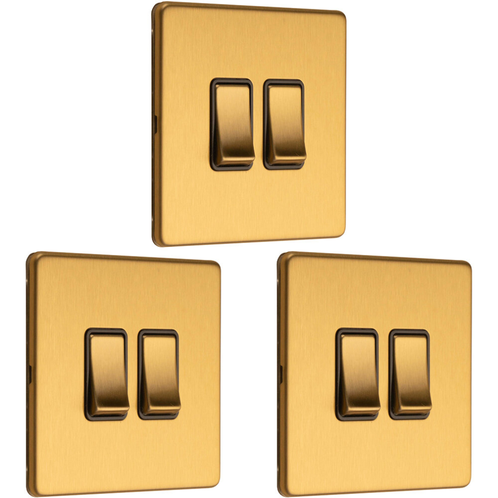 3 PACK 2 Gang Double Light Switch SCREWLESS SATIN BRASS 2 Way 10A Slim Rocker