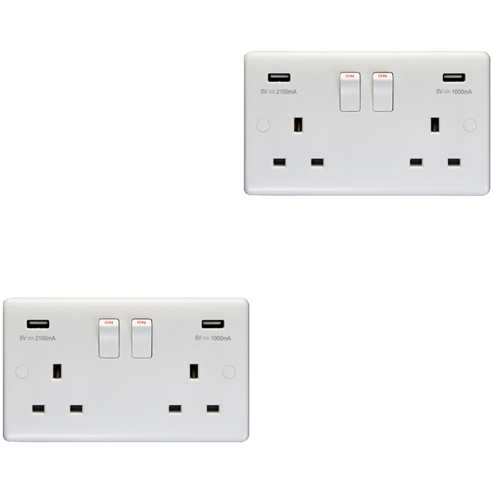 2 PACK 2 Gang Double UK Plug Socket & 2.1A USB-A Charger WHITE 13A Switched