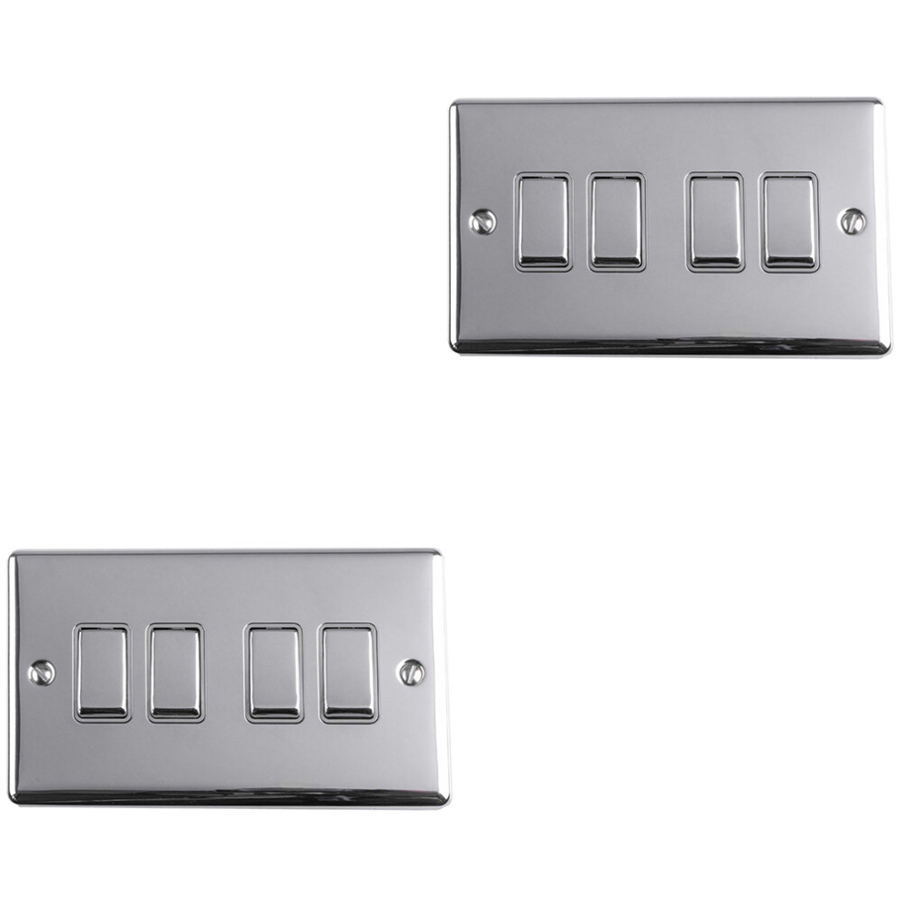 2 PACK 4 Gang Quad Metal Light Switch POLISHED CHROME 2 Way 10A GREY Trim