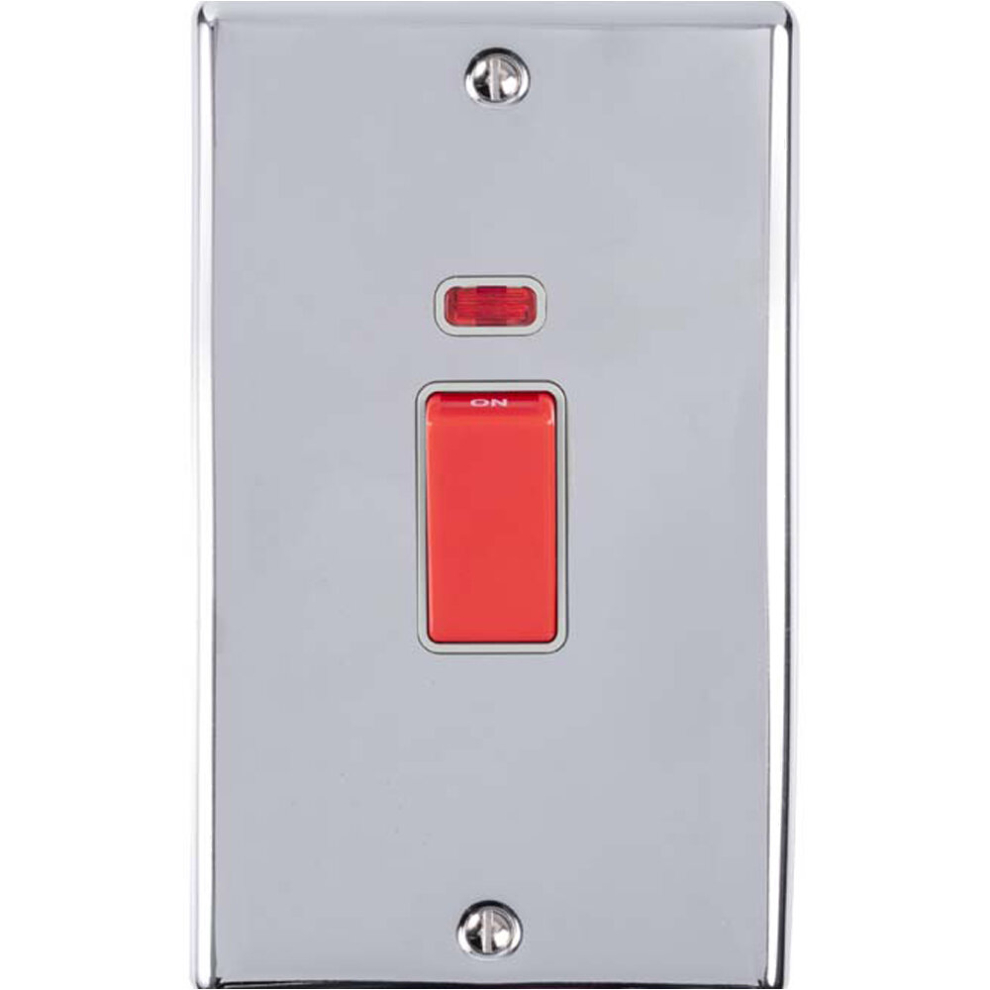 2 Gang Double 45A DP Switch & Neon - POLISHED CHROME & GREY TRIM Vertical Rocker