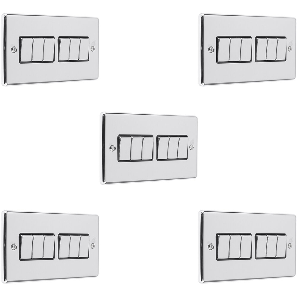5 Pack 6 Gang Multi Light Switch Polished Chrome & Black 2 Way 10A Metal Rocker 5056581967299