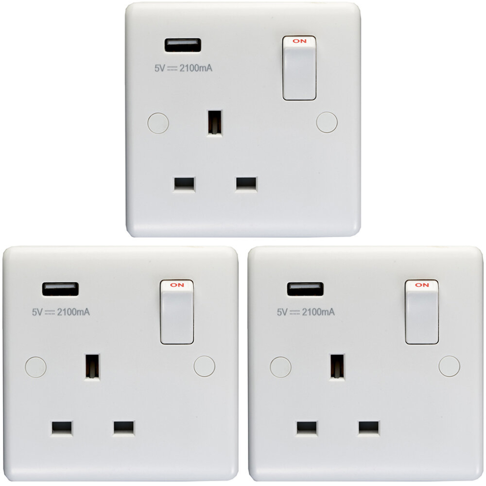 3 PACK 1 Gang Single UK Plug Socket & 2.1A USB-A Charger WHITE 13A Switched