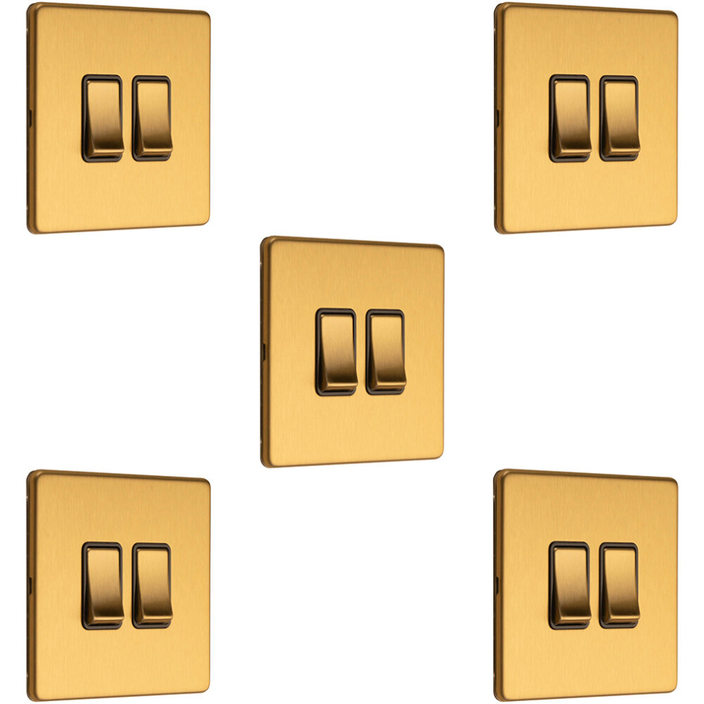 5 PACK 2 Gang Double Light Switch SCREWLESS SATIN BRASS 2 Way 10A Slim Rocker