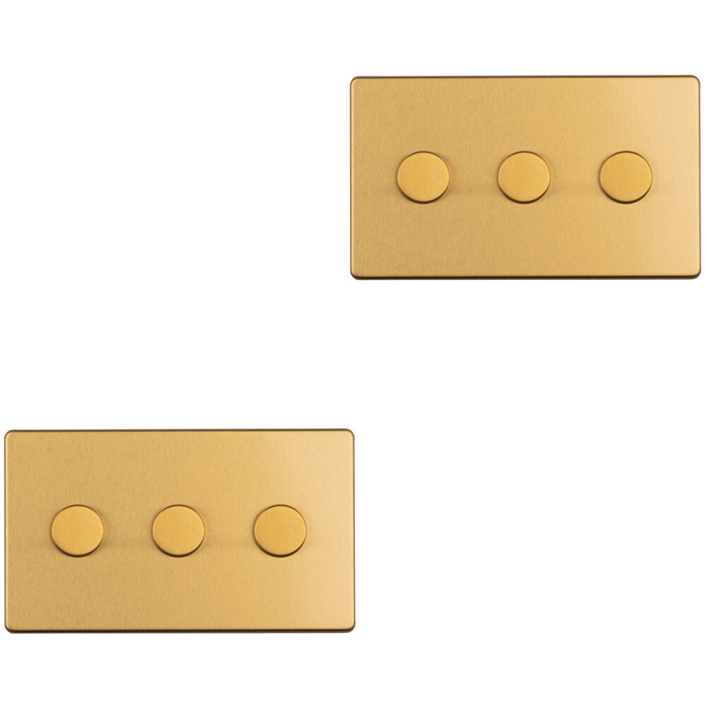 2 PACK 3 Gang Dimmer Switch 2 Way LED SCREWLESS SATIN BRASS Light Dimming Wall