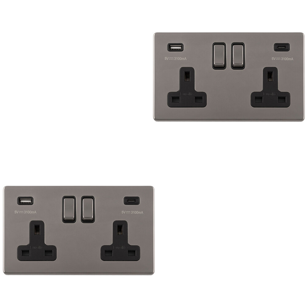 Loops 2 Pack 2 Gang Double 13A Uk Plug Socket & 2X 3.1A Usb-C Screwless Black Nickel