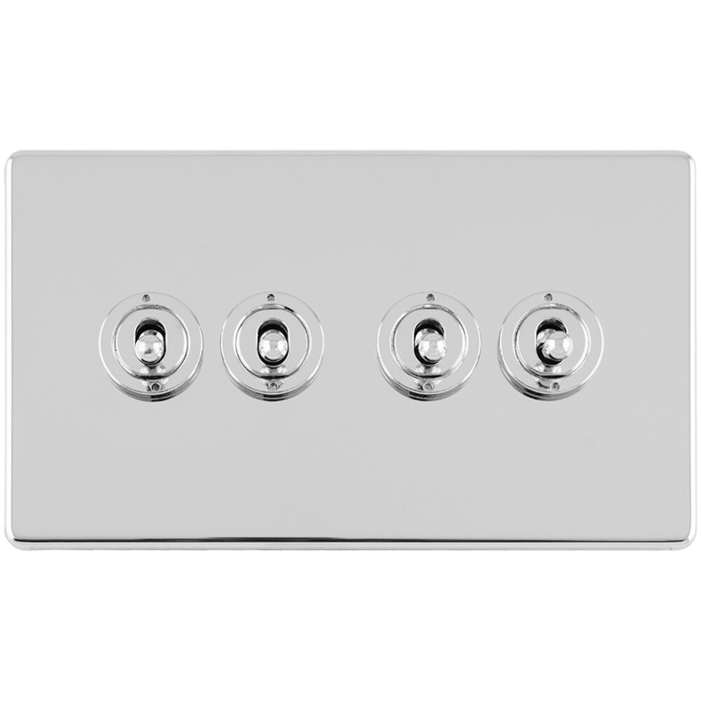 4 Gang Quad Retro Toggle Light Switch SCREWLESS POLISHED CHROME 10A 2 Way Lever
