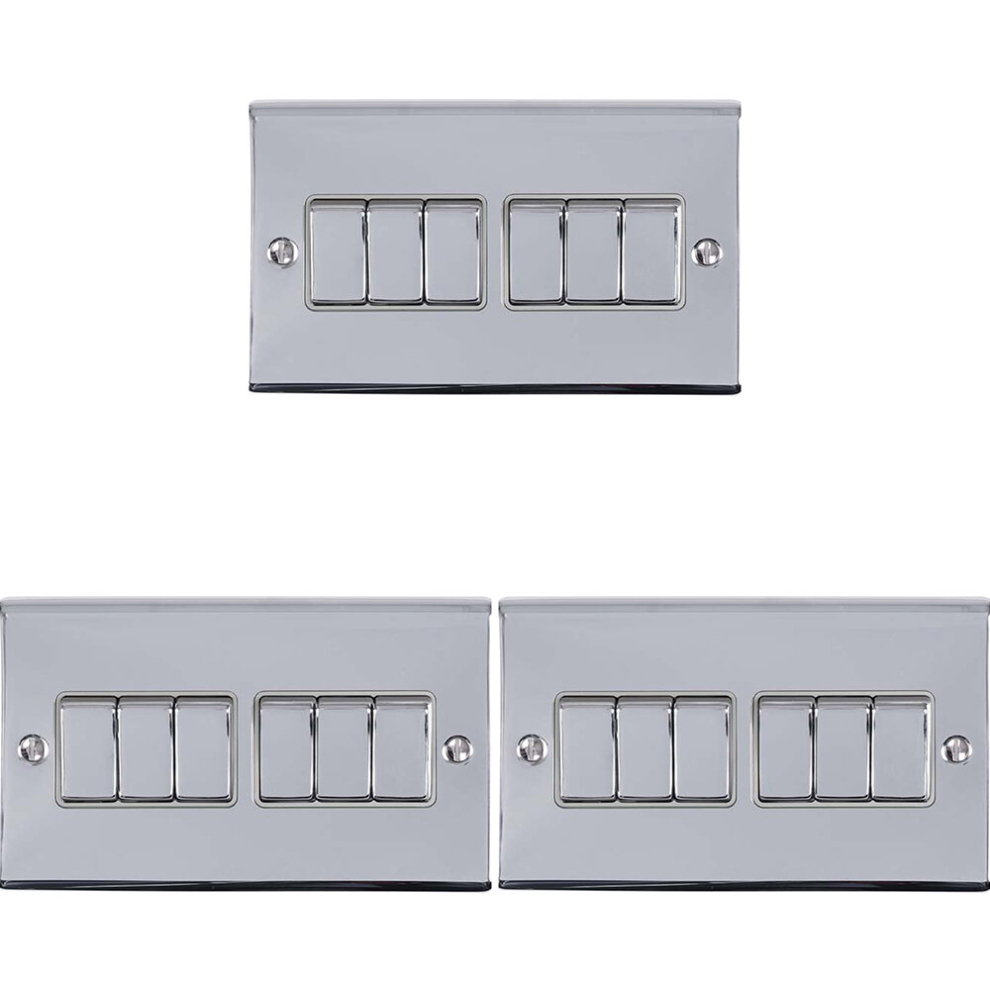 3 PACK 6 Gang Metal Multi Light Switch POLISHED CHROME 2 Way 10A GREY Trim