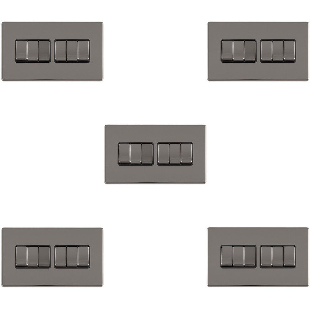 5 Pack 6 Gang Multi Light Switch Screwless Black Nickel 2 Way 10A Slim Rocker 5056581977267