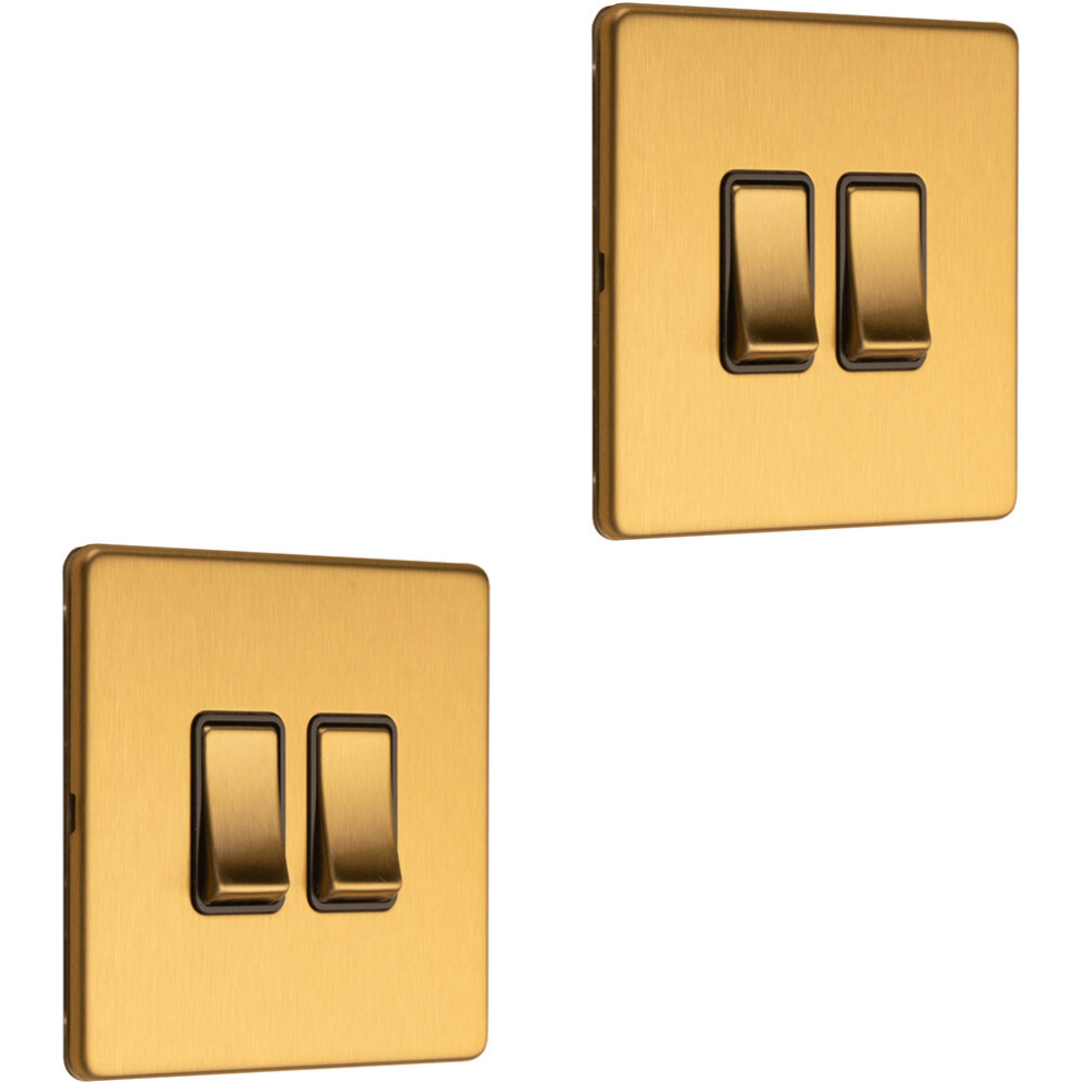 2 PACK 2 Gang Double Light Switch SCREWLESS SATIN BRASS 2 Way 10A Slim Rocker