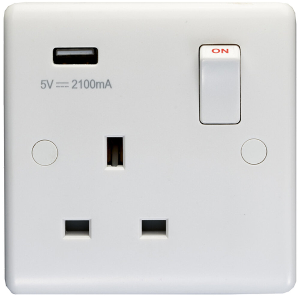 1 Gang Single UK Plug Socket & 2.1A USB-A Charger WHITE PLASTIC 13A Switched