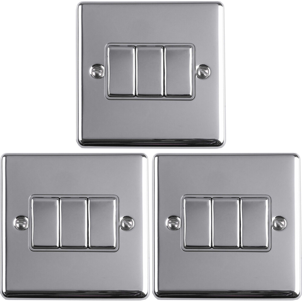 3 PACK 3 Gang Triple Metal Light Switch POLISHED CHROME 2 Way 10A GREY Trim