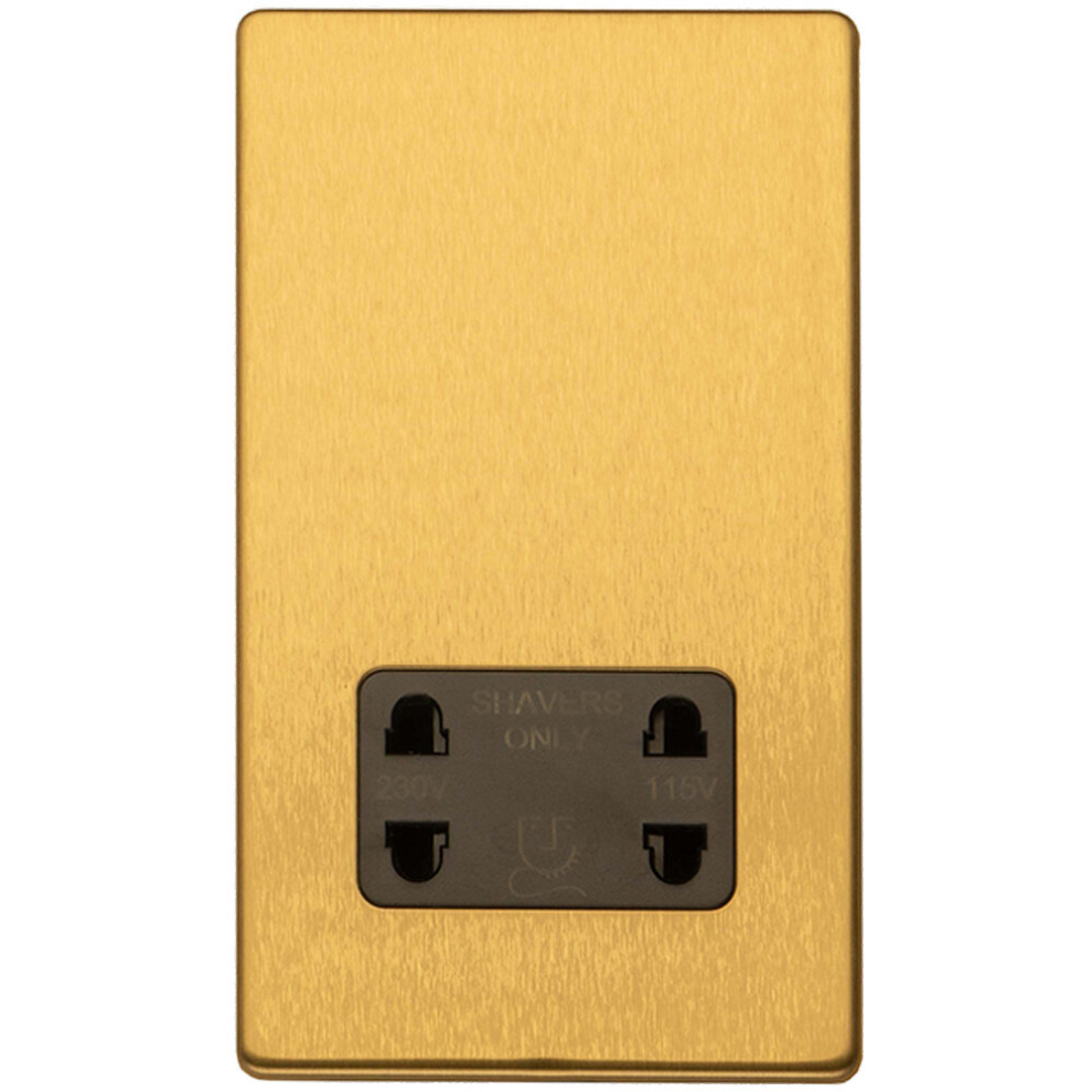 230V & 115V Twin Shaver Socket Wall Plate SCREWLESS SATIN BRASS Bathroom