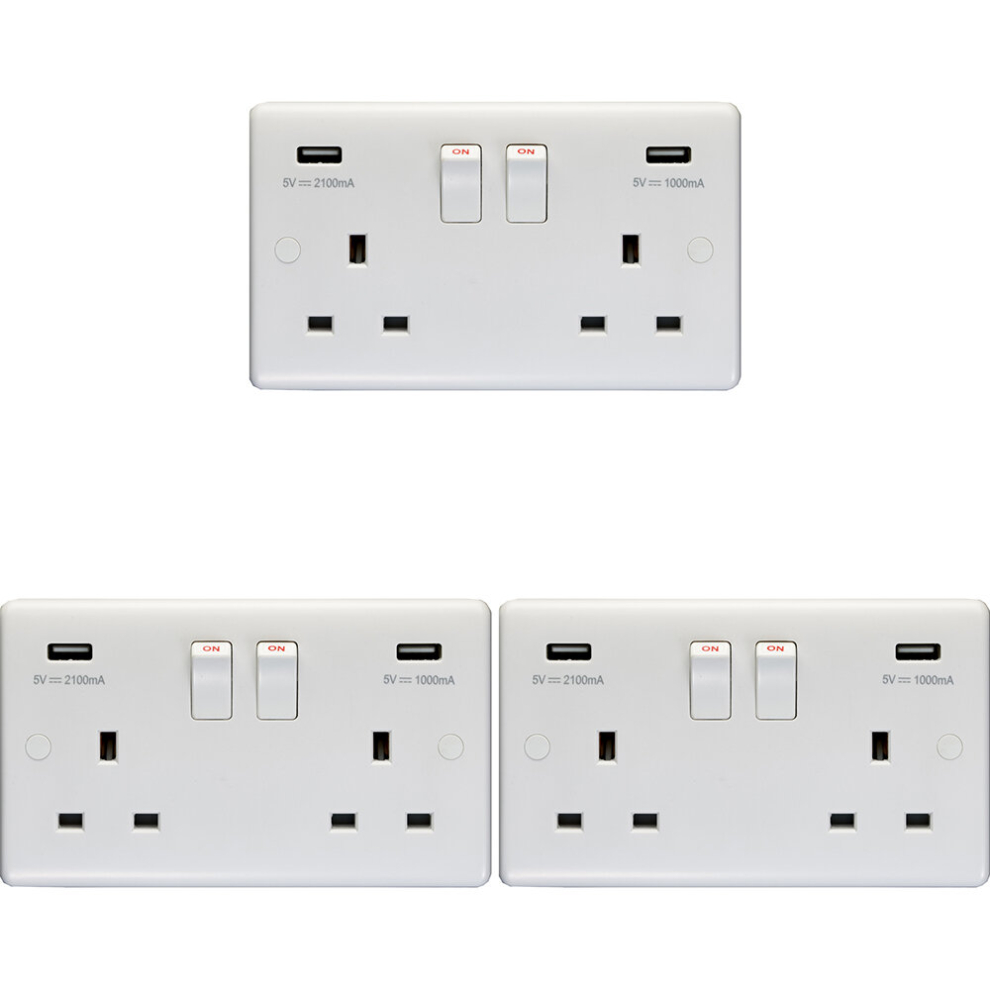 3 PACK 2 Gang Double UK Plug Socket & 2.1A USB-A Charger WHITE 13A Switched