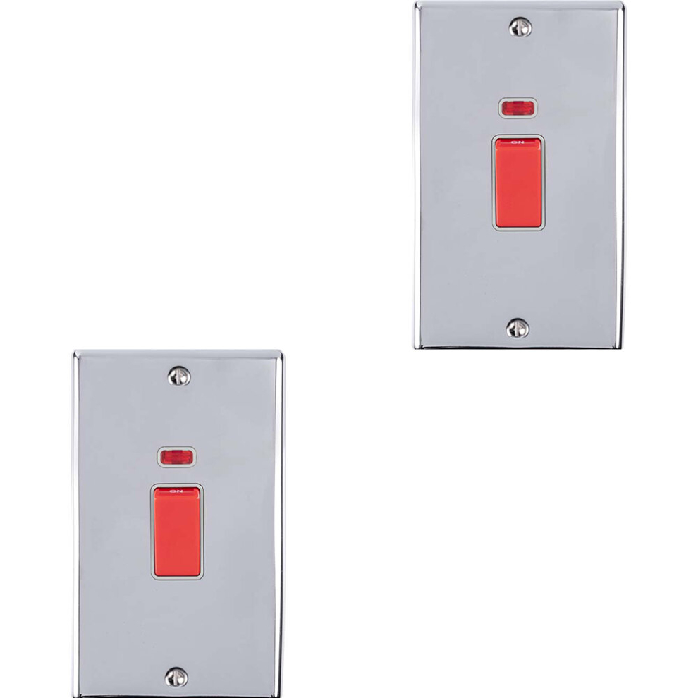 2 PACK 2 Gang Double 45A DP Switch Neon - POLISHED CHROME & GREY Vertical Rocker